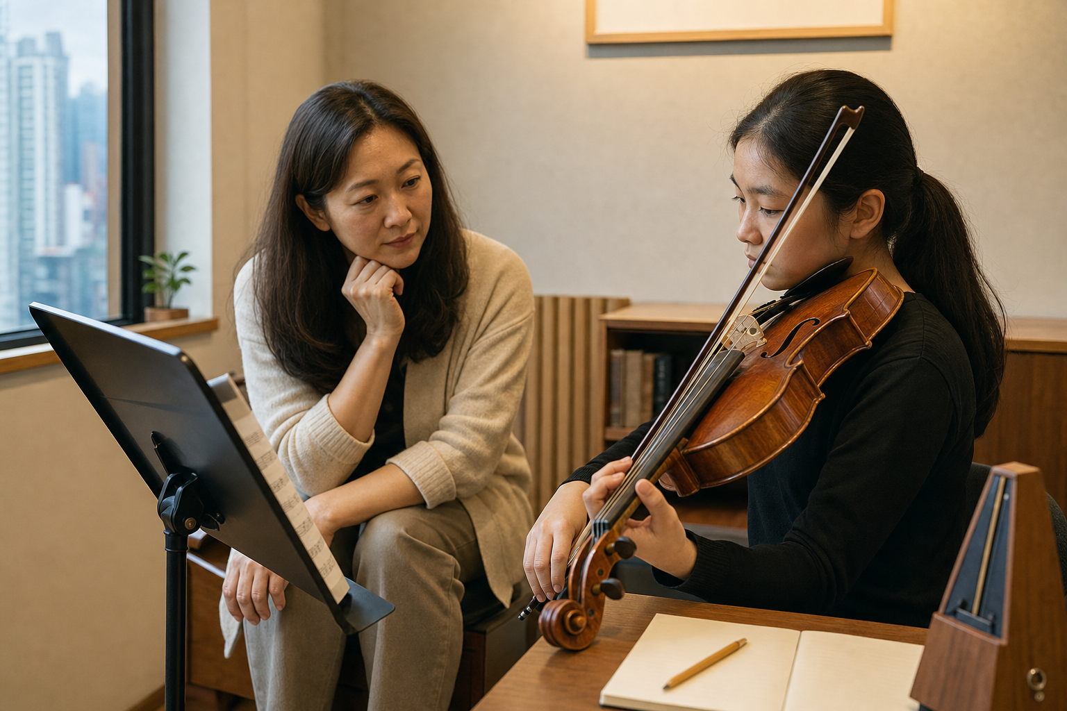 Teacher and learner discussing a music lesson